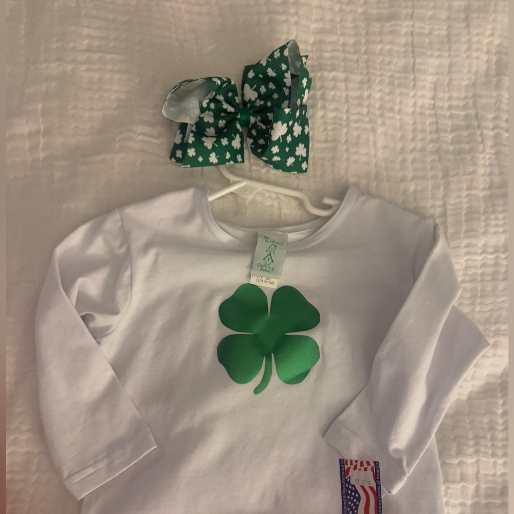 White and Green Clover Kids Shirt with WeeOnes Bow
